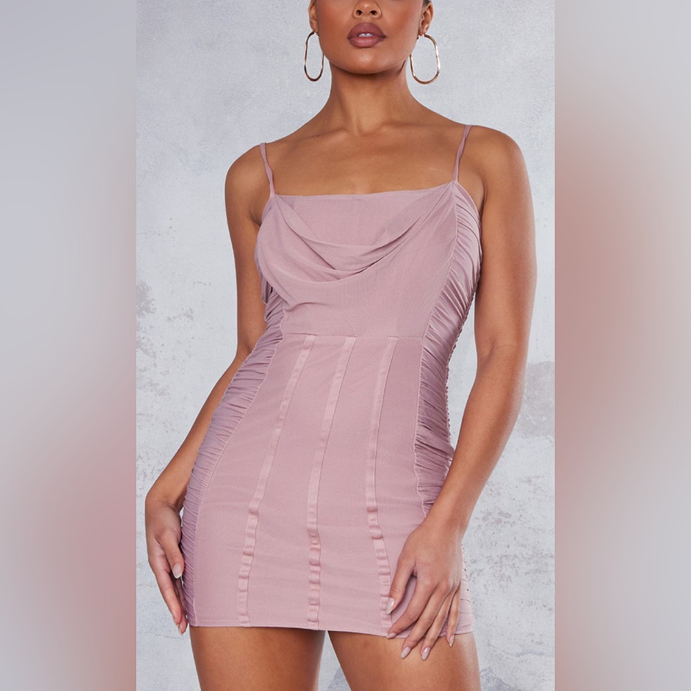 Pretty little things MAUVE MESH RUCHED SIDE COWL STRAPPY BODYCON DRESS SZ 4